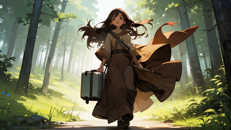 Elf Girl, Long brown hair, Brown eyes, freckles, Brown clothes in the forest, whole body, Her entire body is depicted, and she is feeling the wind. She is carrying a staff and luggage. She is on a journey.