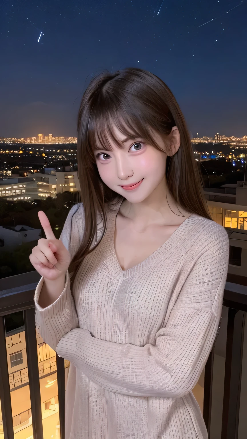 (One girl), , large chest, Brown knitted dress , The vast starry sky seen from high above. Countless stars are shining, and there is a beauty of nature that cannot be felt in the city., Pointing at the starry sky , look back , big eyes ,  random cute pose , shy smile 