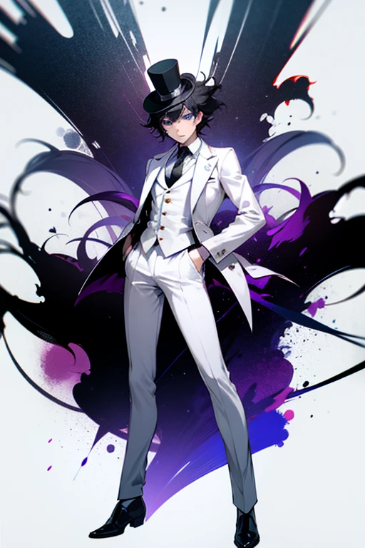 A white suit, A Grey Tie, A Top Hat, Blue Eyes, Black Hair, short spiky cut and messy hair, Full Body, Highschool