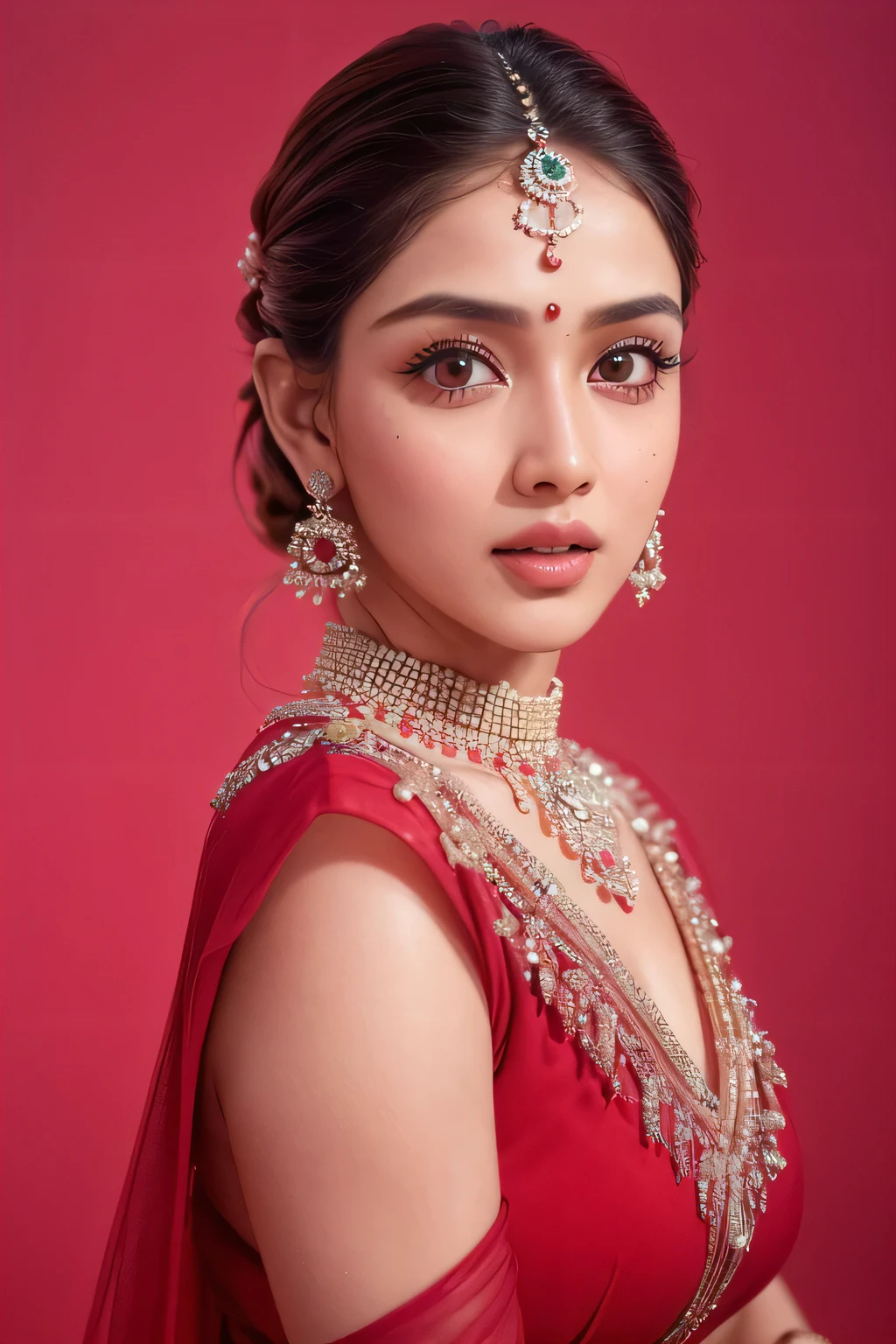 (Instagram model )(best quality,4k,8k,highres,masterpiece:1.2),ultra-detailed,(realistic,photorealistic,photo-realistic:1.37),(drone view),portraits,(Indian fair skin, flawless complexion, radiant skin),detailed eyes with long eyelashes,beautiful detailed lips, red color dress