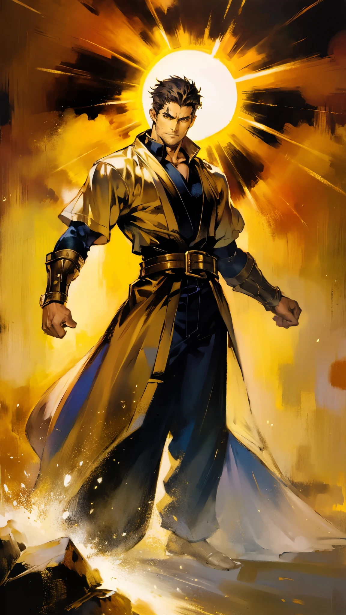 A middle-aged man with medium-length disheveled hair, a thick sideburn beard, wears an obsidian double-horned forehead protector, wild eyes, a confident smile, rugged features, a loose yellow robe in a fantasy martial arts style, an open collar revealing his muscular chest, a black cloth belt around his waist, loose flowing short sleeves, dark blue coarse cloth pants, standing atop a desolate mining hill under the scorching sun, his clothes flutter in the strong wind, this character embodies a finely crafted fantasy martial arts style monk in anime style, exquisite and mature manga art style, dramatic, high definition, best quality, highres, ultra-detailed, ultra-fine painting, extremely delicate, professional, perfect body proportions, golden ratio, anatomically correct, symmetrical face, extremely detailed eyes and face, high quality eyes, creativity, RAW photo, UHD, 32k, Natural light, cinematic lighting, masterpiece-anatomy-perfect, masterpiece:1.5
