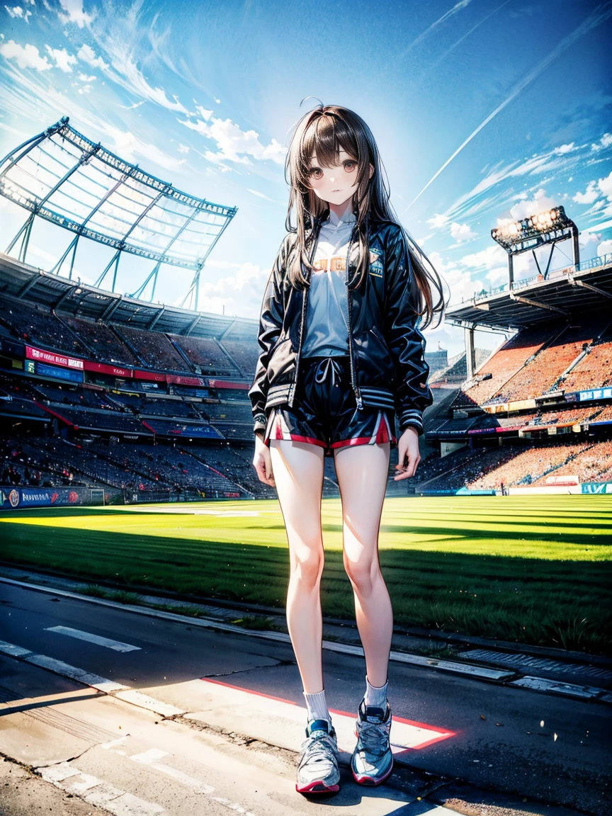 stadium，a girl，long brown hair，16 years old，thin，slim，sports jacket，sports Shorts，Bare legs，The legs are very thin，Thin legs，thin的腿，很thin，Medium chest，White socks，sports shoes，Standing，whole body