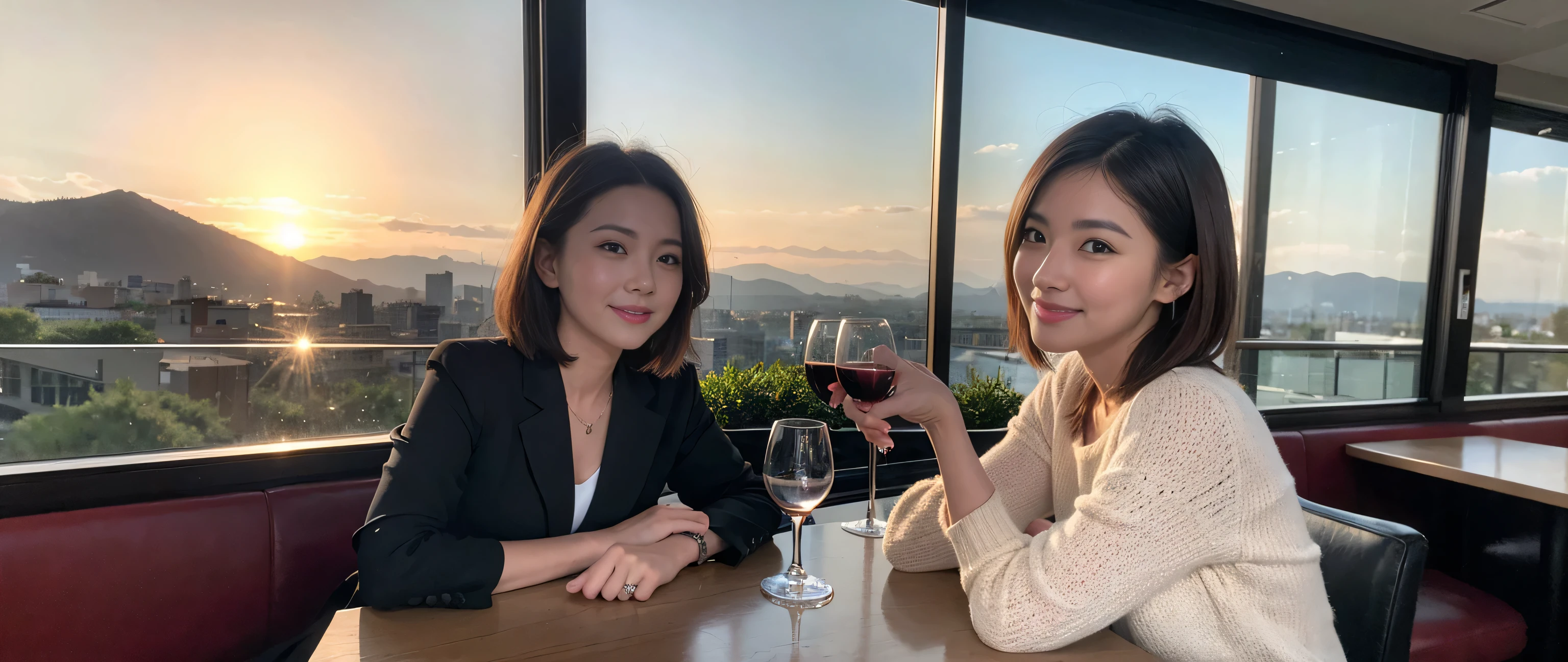 （Realistic:1.1）,(masterpiece,Highest quality)，8k,(49 years old), 47 years old, Model Couple、actress/actor、Tight waist,Upper Body,full-course dinner、wine 、Amazing view of the sunset sky and clouds、Perfect Anatomy, Brown Hair, short hair,Random Hairstyles,((Highly detailed face and eyes:1.2))，Perfect golden ratio face，Long sleeve shirt、dress,(smile:1.2)、Shortcuts、cute、(Realistic, Intricate details:1.2), A bright smile、short hair,Bright Face、赤wine 、Appetizers、Italian food、wine bottle、Champagne、スパークリングwine、(slimな顔), (The body is slim), (Brown Hair), (Shortcuts),  Upper Body, 白wine, slim, wineグラス, 