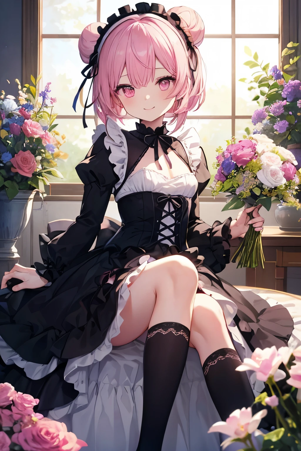 Pink Hair、Pink Eyes、girl、Small breasts、Bun Hair、girl、Small breasts、ta、Bright smile、Looks about 15 yan Musume、Short、目のhighlight、Sexy thighs、Flower Garden、color々The flowers are still blooming、bouquet、Rose Gothic Lolita Dress Cos、Your eyes are so beautiful、highlight