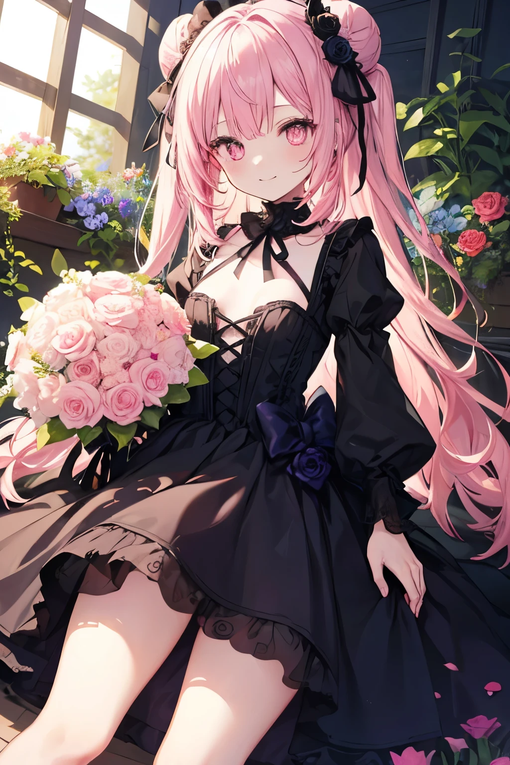 Pink Hair、Pink Eyes、girl、Small breasts、Bun Hair、girl、Small breasts、Lolita、Bright smile、Looks about 15 years old、Petan Musume、Short、目のhighlight、Sexy thighs、Flower Garden、color々The flowers are still blooming、bouquet、Rose Gothic Lolita Dress Costume、Your eyes are so beautiful、highlight