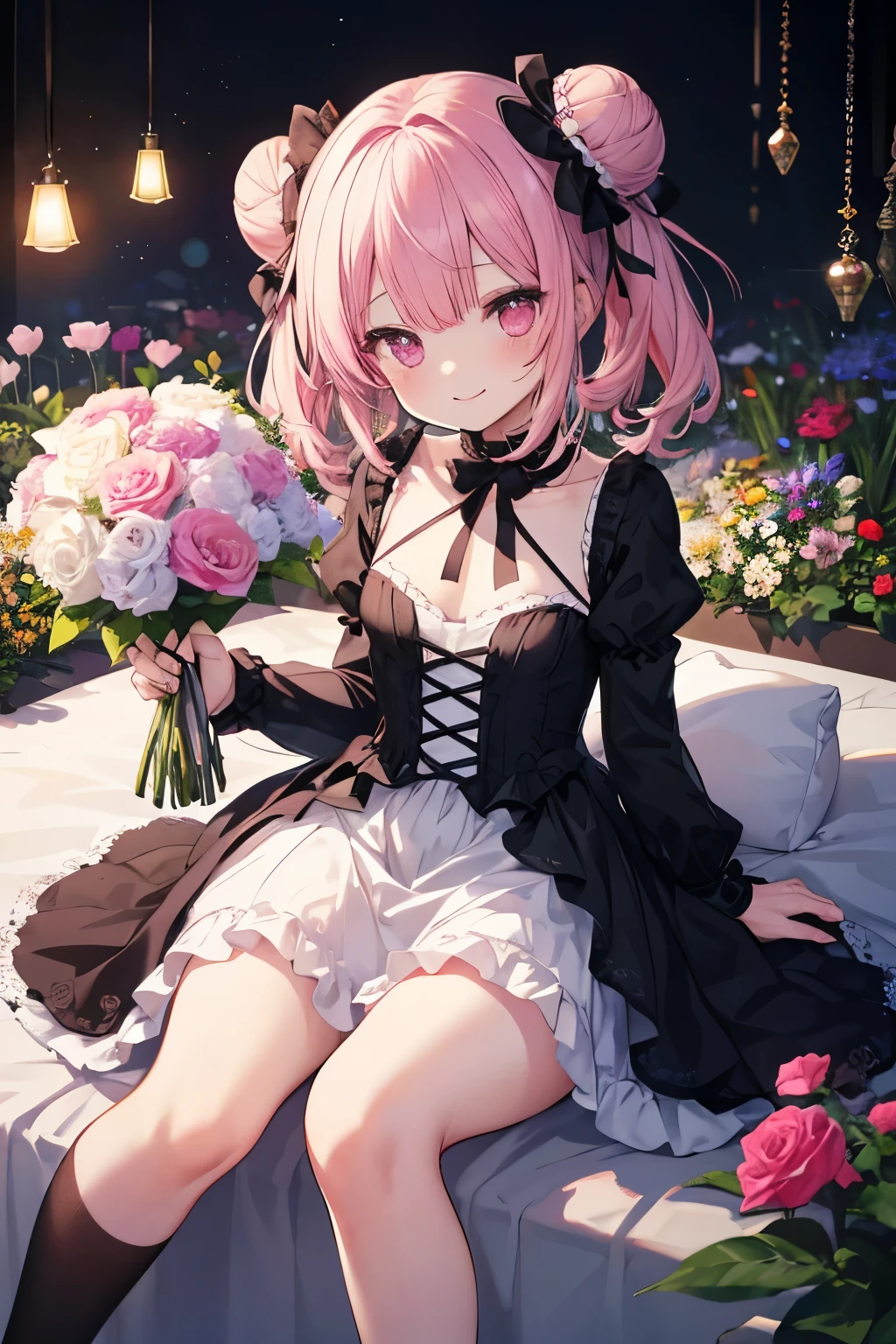 Pink Hair、Pink Eyes、girl、Small breasts、Bun Hair、girl、Small breasts、Lolita、Bright smile、Looks about 15 years old、Petan Musume、Short、目のhighlight、Sexy thighs、Flower Garden、color々The flowers are still blooming、bouquet、Rose Gothic Lolita Dress Costume、Your eyes are so beautiful、highlight