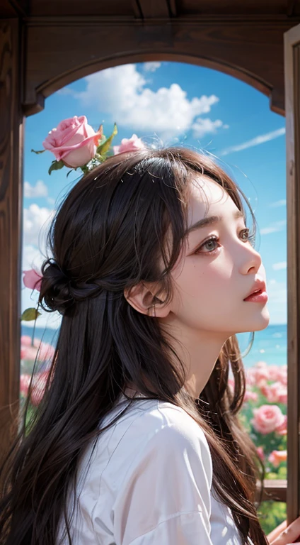 (Pencil drawing of physical education:1.4), Flowers and blue sky、Summer sky and beautiful roses、Landscape photo of a vast rose field、(View of the sky and wilderness from below)、Girl looking up at the blue sky、Draw a big picture of the sky、Tabletop、highest quality
