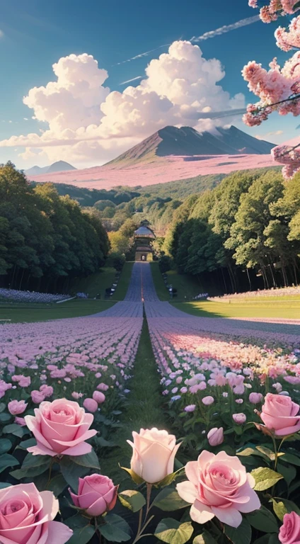 (Pencil drawing of physical education:1.4),  Flowers and blue sky、Summer sky and beautiful roses、Landscape photo of a vast rose field、（View of the sky and wilderness from below）、Girl looking up at the blue sky、Draw a big picture of the sky、Tabletop、highest quality