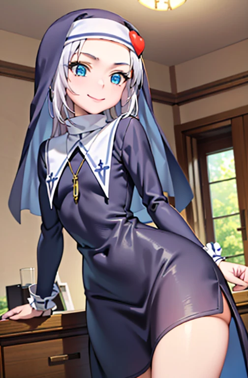 (best quality:1.1), (masterpiece:1.4), (absurdres:1.0), portrait, close-up, 1girl, takayama maria, silver hair, Big chest, blue eyes, long hair, nun, looking at viewer, smile, Perfect Body Curves, Very detail