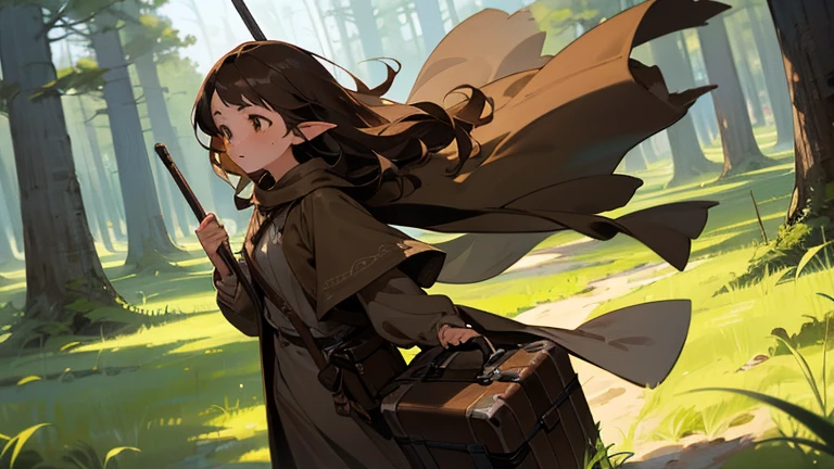 Elf Girl, Long brown hair, Brown eyes, freckles, Brown clothes in the forest, whole body, Her entire body is depicted, and she is feeling the wind. She is carrying a staff and luggage. She is on a journey.