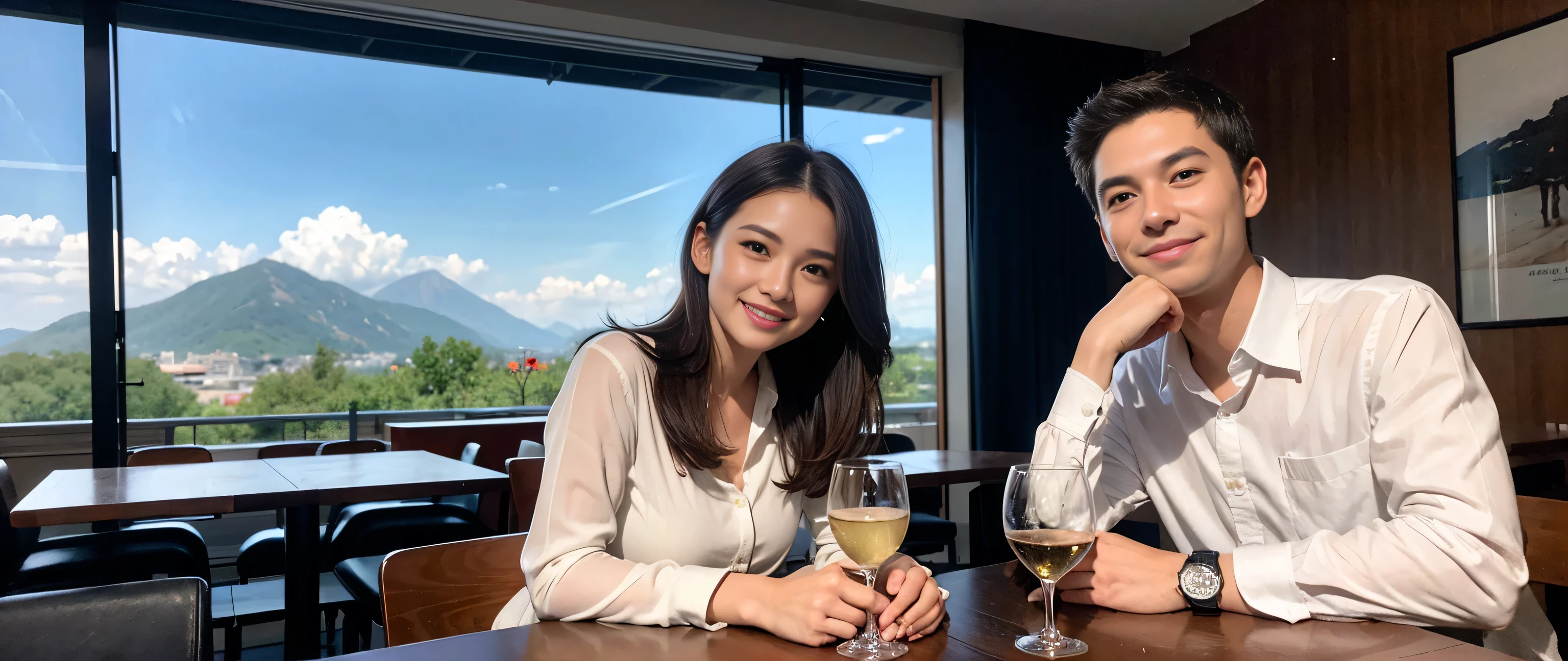(highest quality、8k、masterpiece:1.3)、Beautiful woman with perfect figure:1.4、Dark brown hair、Wine Party 、2 people、Highly detailed face and skin、Fine grain、double eyelid、Wine glass on the table、Facial lighting、 Amazing view of the sunset sky and clouds、Amazing mountain views、A bright smile、A lovely woman with a smile、Bright image、 Beautiful Face, short hair, (Age 35), 39 years old, Lady、red wine 、Appetizers、Italian food、wine bottle、Champagne、sparkling wine、Two beauties、Brown Hair、Shortcuts、Long sleeve shirt、dress、Pretty Woman 1, (Slim face), (The body is slim), (Brown Hair), (Shortcuts), cheeks turn a little red,Attractive beauty、restaurant, In a prominent place (From the waist up) Nova Frog Style, actress, model, Upper Body, White wine, slim, wine glass, smile, (smile: 1.15), Beautiful fine grain, Depth f/2,saturation, High Contrast, Strong light and shadow,Moist Body:1.5、3D texture、Delicate eyes、Brown Hair、The hair is very shiny、