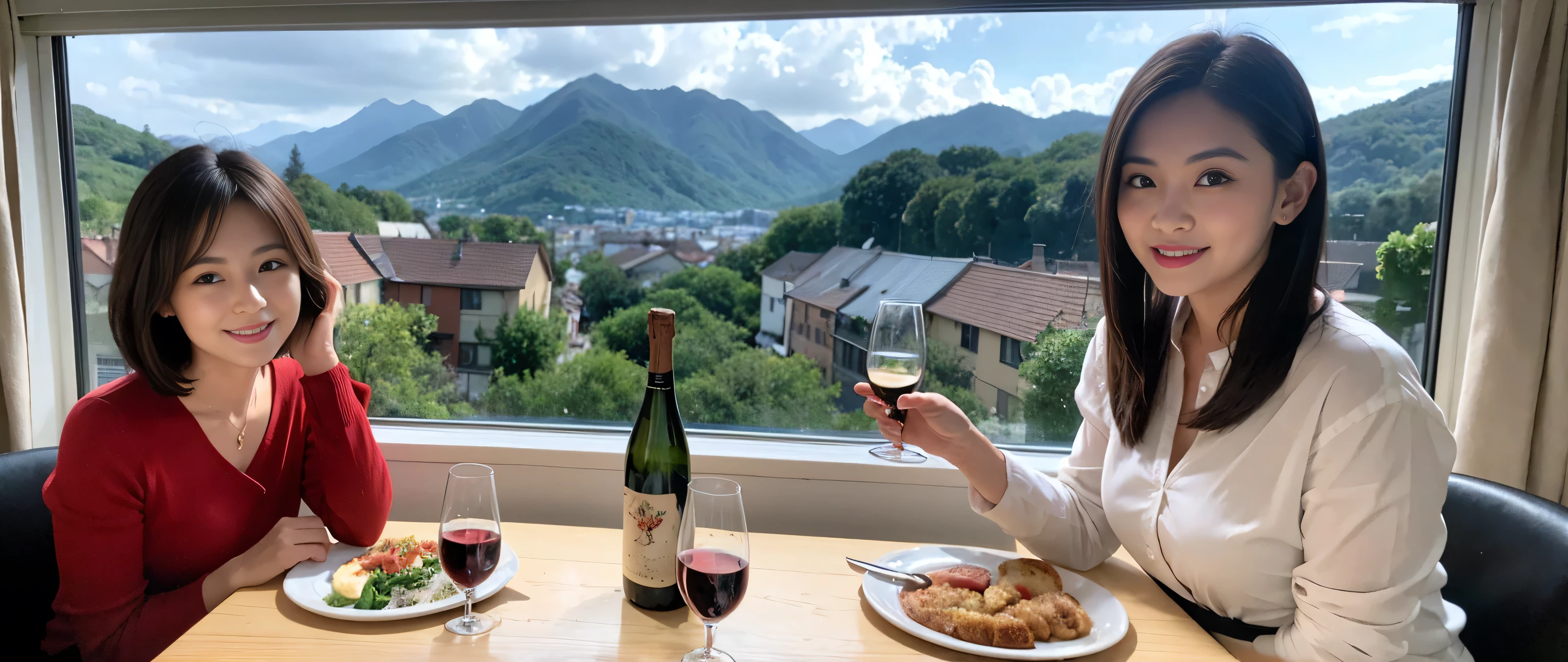 (highest quality、8k、masterpiece:1.3)、Beautiful woman with perfect figure:1.4、Dark brown hair、Wine Party 、2 people、Highly detailed face and skin、Fine grain、double eyelid、Wine glass on the table、Facial lighting、 Amazing view of the sunset sky and clouds、Amazing mountain views、A bright smile、A lovely woman with a smile、Bright image、 Beautiful Face, short hair, (Age 35), 39 years old, Lady、red wine 、Appetizers、Italian food、wine bottle、Champagne、sparkling wine、Two beauties、Brown Hair、Shortcuts、Long sleeve shirt、dress、Pretty Woman 1, (Slim face), (The body is slim), (Brown Hair), (Shortcuts), cheeks turn a little red,Attractive beauty、restaurant, In a prominent place (From the waist up) Nova Frog Style, actress, model, Upper Body, White wine, slim, wine glass, smile, (smile: 1.15), Beautiful fine grain, Depth f/2,saturation, High Contrast, Strong light and shadow,Moist Body:1.5、3D texture、Delicate eyes、Brown Hair、The hair is very shiny、