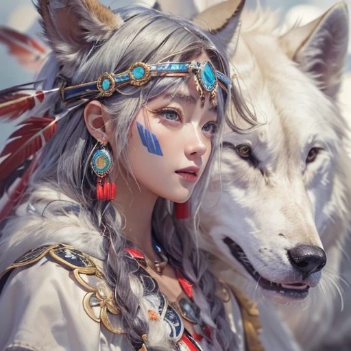 Shirakami-Sanchi、Hair flow、 ((highest quality、masterpiece、8k、Best image quality、Ultra-high resolution、Award-winning works)、(Accurate anatomy:1.1)、(Look at me and smile:1.1)、Shining fair skin with Ultra-high resolution、The most detailed face、Ultra-high resolution detailed face、Ultra-high resolutionの髪の毛、(Ultra-high resolutionの煌めく瞳:1.1)、Beautiful face drawn in every detail、(Blurred Background:1.1)、Native American white costume, American Indian Clothing, Chest to chest, tattoo、A real giant condor next to you。The white wolf is watching
