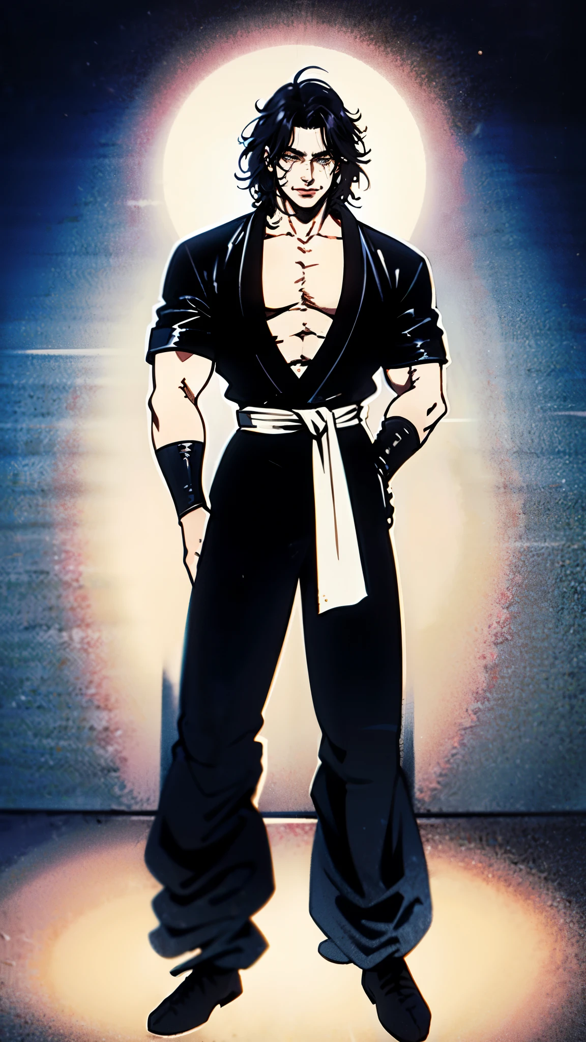 A middle-aged man with medium-length disheveled hair, a thick sideburn beard, wears an obsidian double-horned forehead protector, wild eyes, a confident smile, rugged features, a loose yellow robe in a fantasy martial arts style, an open collar revealing his muscular chest, a black cloth belt around his waist, loose flowing short sleeves, dark blue coarse cloth pants, standing atop a desolate mining hill under the scorching sun, his clothes flutter in the strong wind, this character embodies a finely crafted fantasy martial arts style monk in anime style, exquisite and mature manga art style, dramatic, high definition, best quality, highres, ultra-detailed, ultra-fine painting, extremely delicate, professional, perfect body proportions, golden ratio, anatomically correct, symmetrical face, extremely detailed eyes and face, high quality eyes, creativity, RAW photo, UHD, 32k, Natural light, cinematic lighting, masterpiece-anatomy-perfect, masterpiece:1.5
