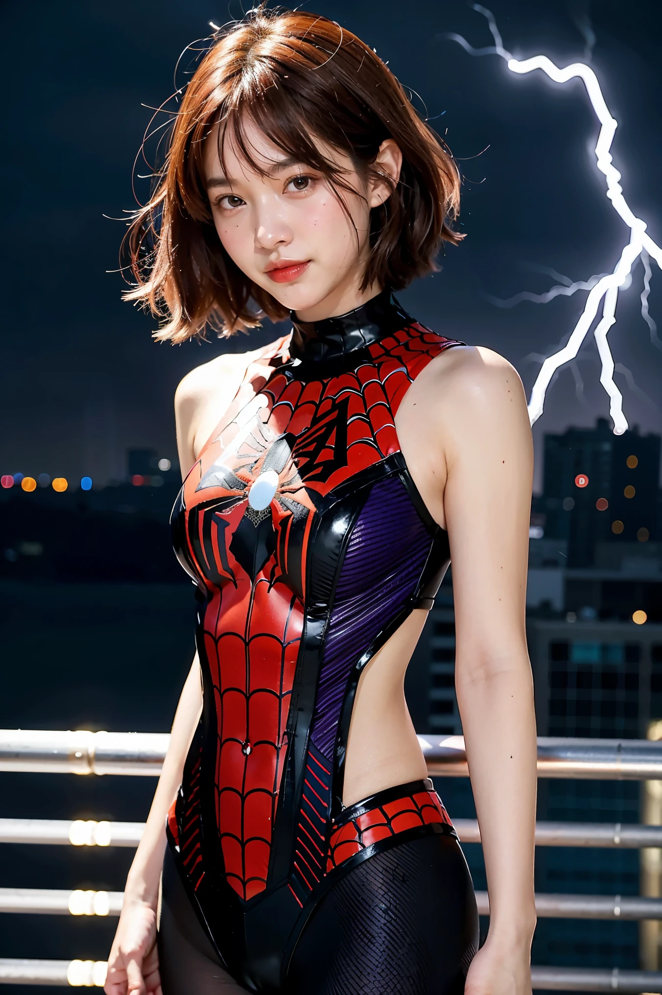 Young girl, short brown hair, purple eyes, Spider-Man 2099 shape, smile, cobweb, lightning, masterpiece, high quality