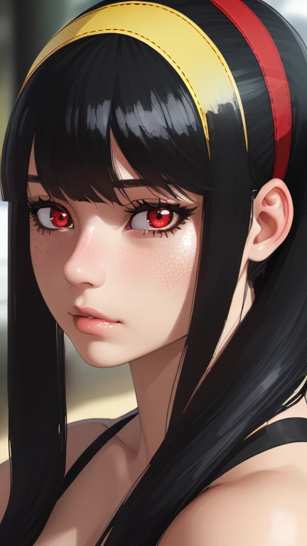 (Highest quality, beautiful lighting, realistic shadow), 1Girl, (yor briar ratatata, bangs, sidelocks, hairband, red eyes, Detailed skin, detailed face and eyes, defined eyes, yellow hairband, black hair