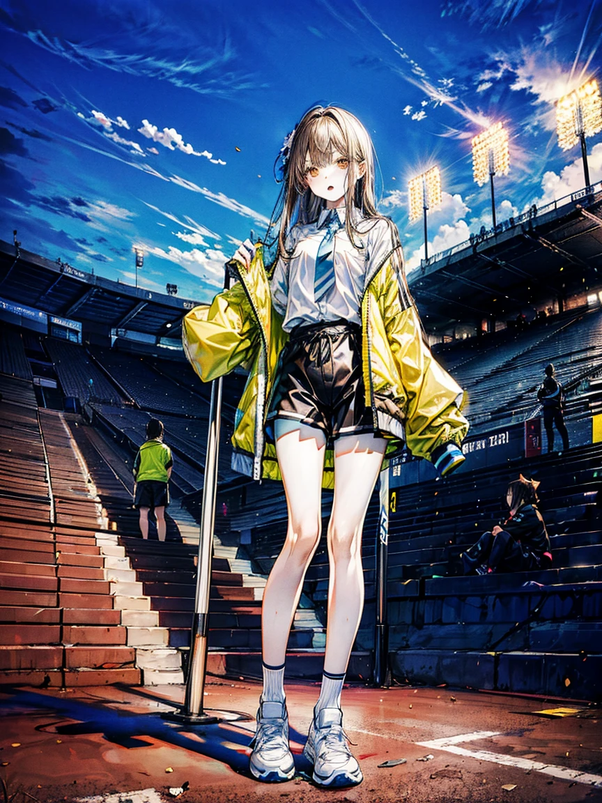 stadium,a girl,long brown hair,,thin,slim,sports jacket,sports Shorts,Bare legs,The legs are very thin,Thin legs,thin的腿,很thin,Medium chest,White socks,sports shoes,Standing,whole body