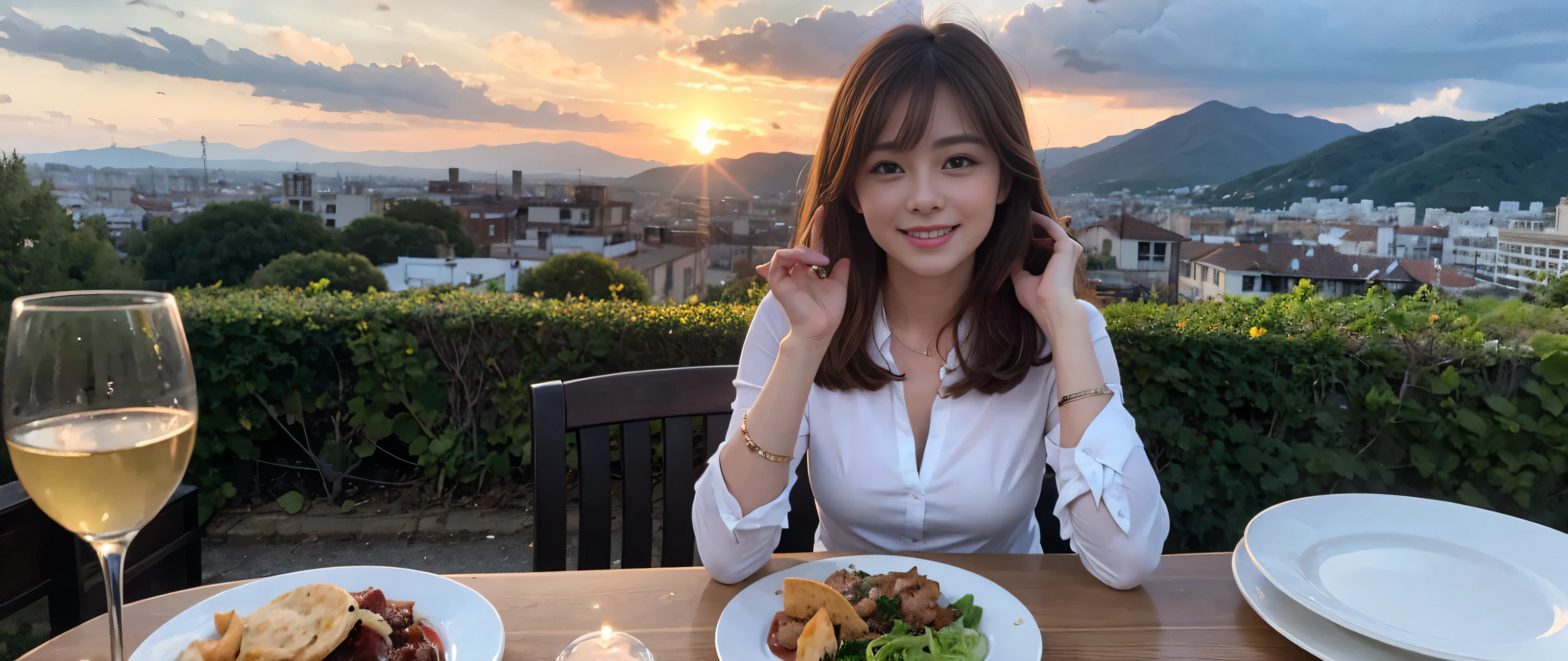 (highest quality、8k、masterpiece:1.3)、Beautiful woman with perfect figure:1.4、Dark brown hair、Wine Party 、2 people、Highly detailed face and skin、Fine grain、double eyelid、Wine glass on the table、Facial lighting、 Amazing view of the sunset sky and clouds、Amazing mountain views、A bright smile、A lovely woman with a smile、Bright image、 Beautiful Face, short hair, (Age 42), 39 years old, Lady、red wine 、Appetizers、Italian food、wine bottle、Champagne、sparkling wine、Two beauties、Brown Hair、Shortcuts、Long sleeve shirt、dress、Pretty Woman 1, (Slim face), (The body is slim), (Brown Hair), (Shortcuts), cheeks turn a little red,Attractive beauty、restaurant, In a prominent place (From the waist up) Nova Frog Style, actress, model, Upper Body, White wine, slim, wine glass, smile, (smile: 1.15), Beautiful fine grain, Depth f/2,saturation, High Contrast, Strong light and shadow,Moist Body:1.5、3D texture、Delicate eyes、Brown Hair、The hair is very shiny、