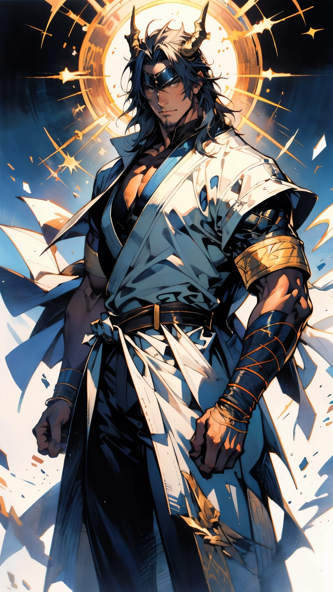 A middle-aged man with medium-length disheveled hair, a thick sideburn beard, wears an obsidian double-horned forehead protector, wild eyes, a confident smile, rugged features, a loose yellow robe in a fantasy martial arts style, an open collar revealing his muscular chest, a black cloth belt around his waist, loose flowing short sleeves, dark blue coarse cloth pants, standing atop a desolate mining hill under the scorching sun, his clothes flutter in the strong wind, this character embodies a finely crafted fantasy martial arts style monk in anime style, exquisite and mature manga art style, dramatic, high definition, best quality, highres, ultra-detailed, ultra-fine painting, extremely delicate, professional, perfect body proportions, golden ratio, anatomically correct, symmetrical face, extremely detailed eyes and face, high quality eyes, creativity, RAW photo, UHD, 32k, Natural light, cinematic lighting, masterpiece-anatomy-perfect, masterpiece:1.5