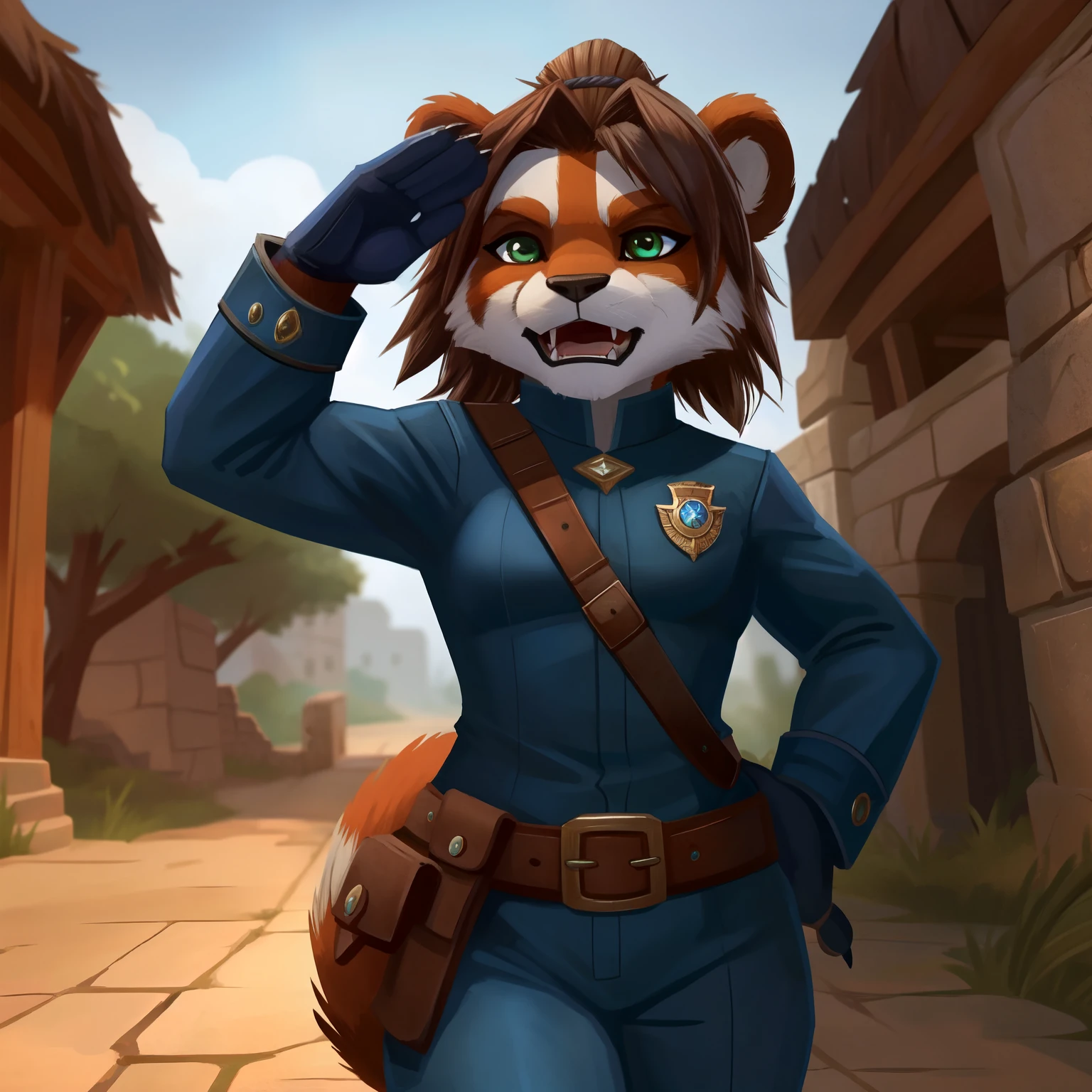 lion_head_pictogrsmall_animal_ears, small_panda_ears, pandaren, world_of_warcraft, anthropomorphic, short_brown_hair, green_eyes, claws, female, fantasy, long_fluffy_tail, foxtail, 4fangs, original_character, red_panda, small_breasts, detailed_cloth, 4fingers, paws, fangs_in_mouth, sword_on_belt, brown_belt_pouch, saluting_with_right_hand, left_arm_behind_back, military_salut, blue_leather_uniform, trousers, military, stormwind, saluting, salute, stone_wall_background, closed_mouth, serious_face, serious_expression, left_hand_on_hip, left_arm_lowered, red_face_fur, tail, medival_city_background, stormwind_city, wood, stone,