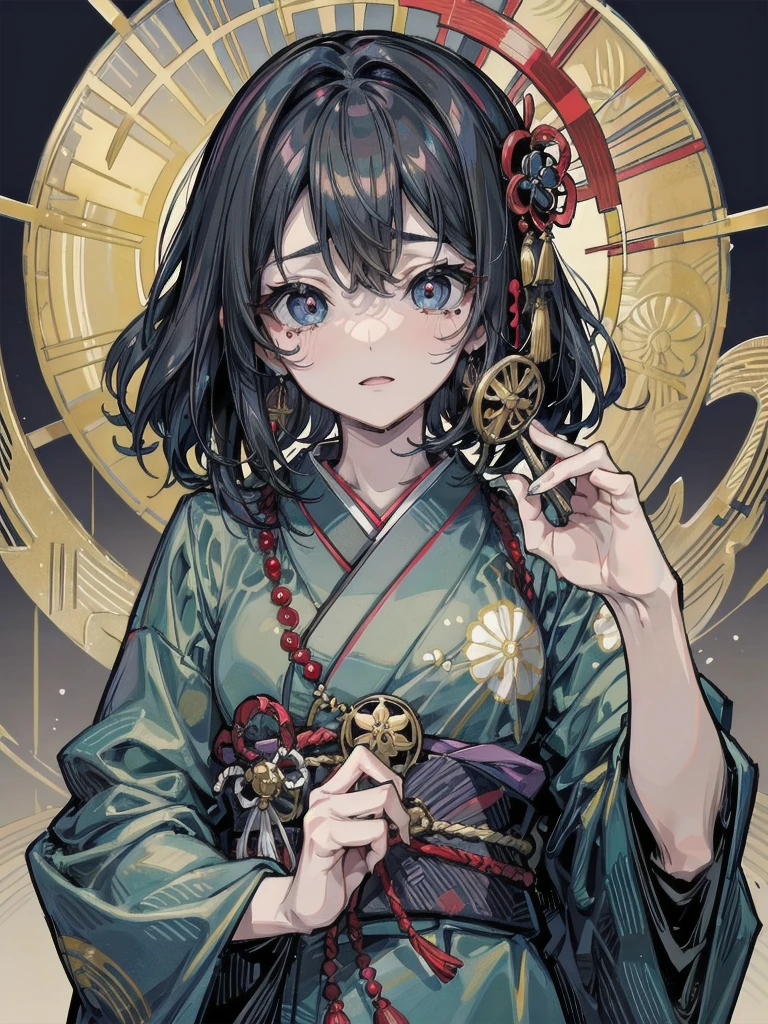 whole body, Anime character, aristocrat robe, kimono, haori, Taisho Era, Taisho Modern, absurdres, RAW photo, extremely delicate and beautiful, masterpiece, Best Quality, ultra high resolution, 32k, hyperrealistic, ultra-detailed, perfect figure, perfect shape, detailed description, pale skin, 20 years old, detailed beautiful face and eyes, tearful mole, earring, short medium hair, wavy hair,