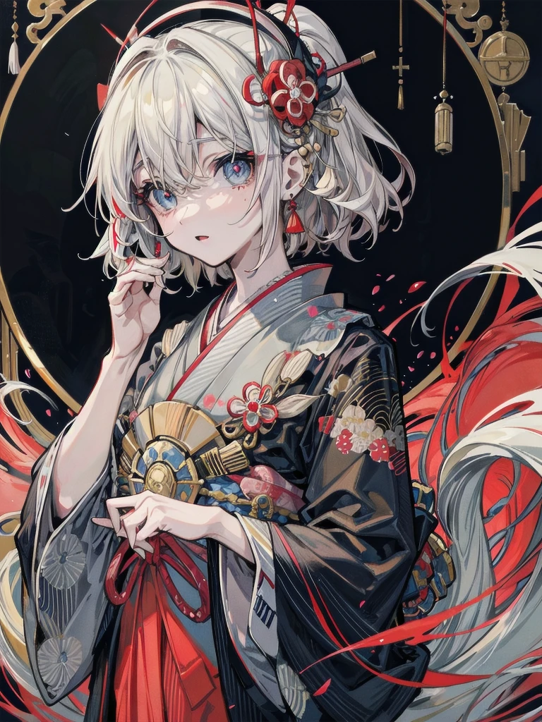 whole body, Anime character, aristocrat robe, kimono, haori, Taisho Era, Taisho Modern, absurdres, RAW photo, extremely delicate and beautiful, masterpiece, Best Quality, ultra high resolution, 32k, hyperrealistic, ultra-detailed, perfect figure, perfect shape, detailed description, pale skin, 20 years old, detailed beautiful face and eyes, tearful mole, earring, short medium hair, wavy hair,