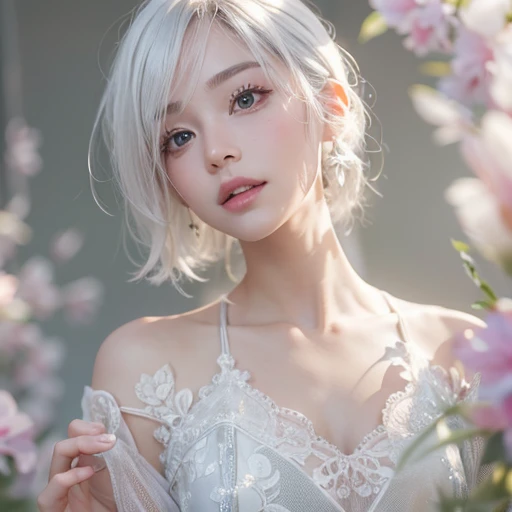 (masterpiece:1.3), (8k, Realistic, RAW Photos, Best image quality: 1.4), Fair-skinned fairy woman、short hair、Cleavage:2.0、Highly detailed face、Attention to detail、double eyelid、Sharp focus:1.2、Beautiful woman:1.4、Silvery white hair、highest quality、masterpiece、Ultra-high resolution、(Realistic:1.4)、Highly detailed and professionally lit smiles、Loose, Light,Japanese high 、 one person、whole body, I eat breakfast