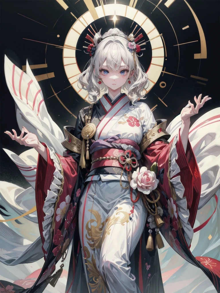 whole body, Anime character, aristocrat robe, kimono, haori, Taisho Era, Taisho Modern, absurdres, RAW photo, extremely delicate and beautiful, masterpiece, Best Quality, ultra high resolution, 32k, hyperrealistic, ultra-detailed, perfect figure, perfect shape, detailed description, pale skin, 20 years old, detailed beautiful face and eyes, tearful mole, earring, short medium hair, wavy hair,