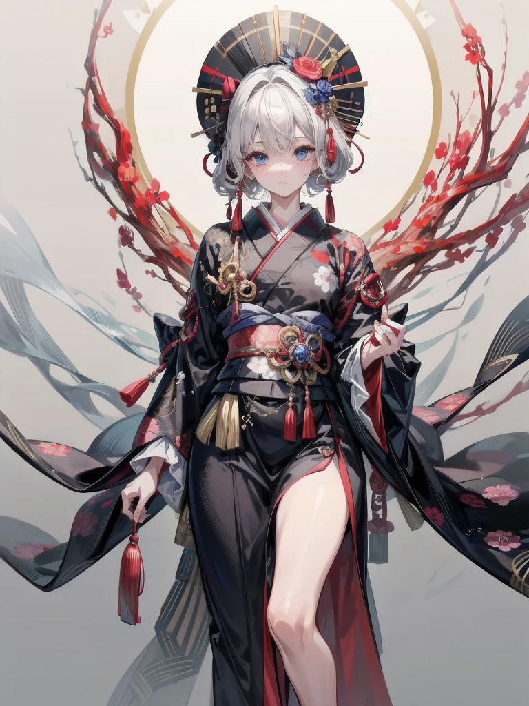 whole body, Anime character, aristocrat robe, kimono, haori, Taisho Era, Taisho Modern, absurdres, RAW photo, extremely delicate and beautiful, masterpiece, Best Quality, ultra high resolution, 32k, hyperrealistic, ultra-detailed, perfect figure, perfect shape, detailed description, pale skin, 20 years old, detailed beautiful face and eyes, tearful mole, earring, short medium hair, wavy hair,