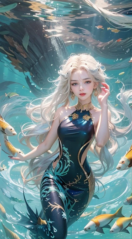Low Girl, 20-year-old, Dragon Princess, Close-up face, (Highest quality realistic textured skin),(terrible),(Understood, round, Symmetrical eyes),Delicate facial features,(Burning bright cold eyes), She has beautiful tiger eyes, Very slim and slender figure, naked, nude, (She has a mischievous smile),(Her face is kind and beautiful),Glass earrings in the ears,,(Blonde Hair),(Silvery white hair),(Chestnut Hair),(Swim at the bottom of the ocean),(Full body portrait:1.5),(Dramatic Photos:1.4),(Dramatic Pose),(Flashy photos)(look up),(Looking down),(Around her neck is a simple necklace made with exquisite craftsmanship.),Cluttered photos,(Hair flowing in water:1.5),(Underwater, Life at sea, 美しいCoral Reef, fish),(Background vortices and currents),(Dramatic Light),(Nice views),(Surrounded by beautiful dragons),遠くの背景にはCoral Reefに沈んだ寺院が見える,Coral Reef,Spectacular realism,Cinematic feel,(High-density image review:1.5),(Soft colors:1.2),Very detailed,Dramatic Light,(Intricate details:1.1),Complex background ,