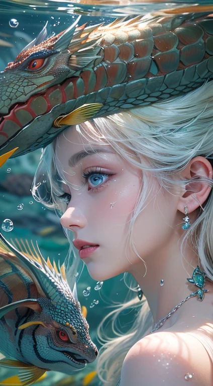 low-girl, 10yoincess of dragon, (Highest quality authentic textured skin),(abyssal),(Fine, Round, Symmetrical eyes),Delicate facial features,(Burning bright and cold eyes), she have beautiul tiger eyes, very slim and thin body, naked, nude, (She has a mischievous smile on her face),(Her face is gentle and beautiful),Glass earrings on the ears,,(Blonde hair),(silvery white hair),(Maroon hair),(Swim at the bottom of the sea),(Full body portrait:1.5),(Dramatic photo:1.4),(dramatic pose),(flamboyant photo)(facing up),(Looking down),(Around her neck hangs a simple necklace of exquisite craftsmanship),A messy painting,(Hair flows in water:1.5),(Underwater, Marine life, Beautiful coral reef, Fish),(Vortices and tidal currents in the background),(Dramaticlight),(Magnificent scene),(Surrounded by beautiful dragon),In the distant background is a temple submerged in a coral reef,the reef,Epic realism,Cinematic feeling,(high-density imaging review:1.5),(Soft color:1.2),Ultra detailed,Dramaticlight,(intricately details:1.1),the complex background,