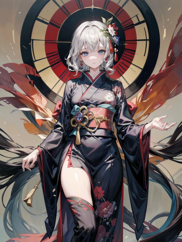 whole body, Anime character, aristocrat robe, kimono, haori, Taisho Era, Taisho Modern, absurdres, RAW photo, extremely delicate and beautiful, masterpiece, Best Quality, ultra high resolution, 32k, hyperrealistic, ultra-detailed, perfect figure, perfect shape, detailed description, pale skin, 20 years old, detailed beautiful face and eyes, tearful mole, earring, short medium hair, wavy hair,