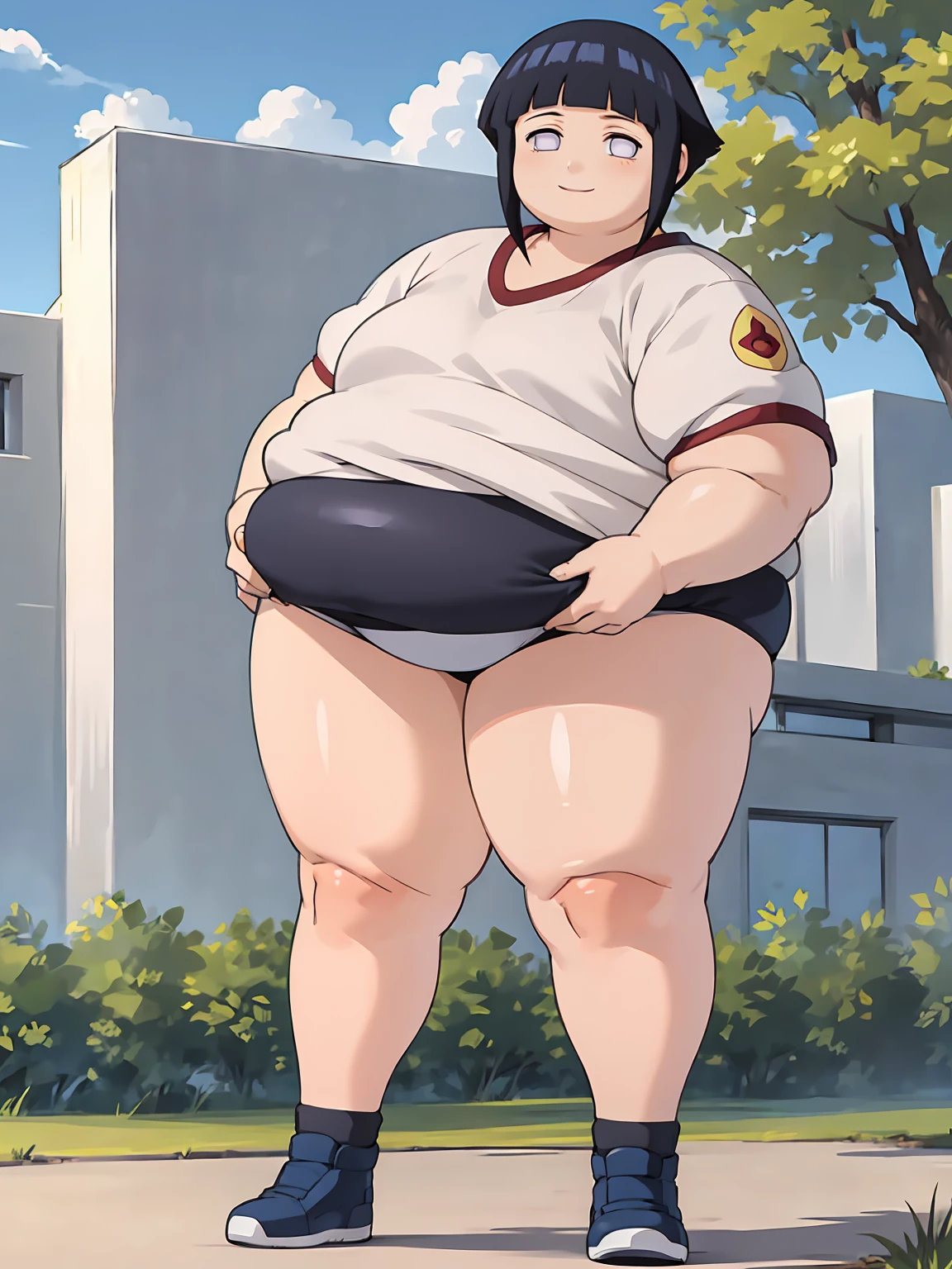 masterpiece, best quality, obese 1girl, obese hyuuga hinata, thick thighs, black hair, short hair, white eyes, no pupils, gym uniform, white shirt, (buruma:1.3), black socks, sneakers, smile, full body, standing, solo, looking at viewer, outdoors, blue sky, park background 