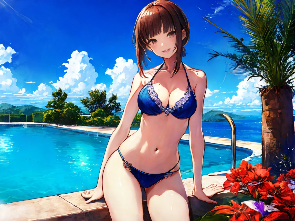 masterpiece、highest quality、Super fine、highest quality、High resolution、32K CG、Very delicate and beautiful、An illustration、High resolution、Sharp Focus、Forward lighting、shine、one person、girl、solo、Medium Hair、smile、非常に美しいdetailedなアニメの顔、 非常にdetailedなゲームCGキャラクター目、Big Breasts、Bikini Swimwear、Cleavage、slender、stomach、belly button、Perfect body、detailedな手、blue sky、Hotel poolside、、detailed:-1、detailed:0、detailed:0.5、detailed:1 、detailed:1.5