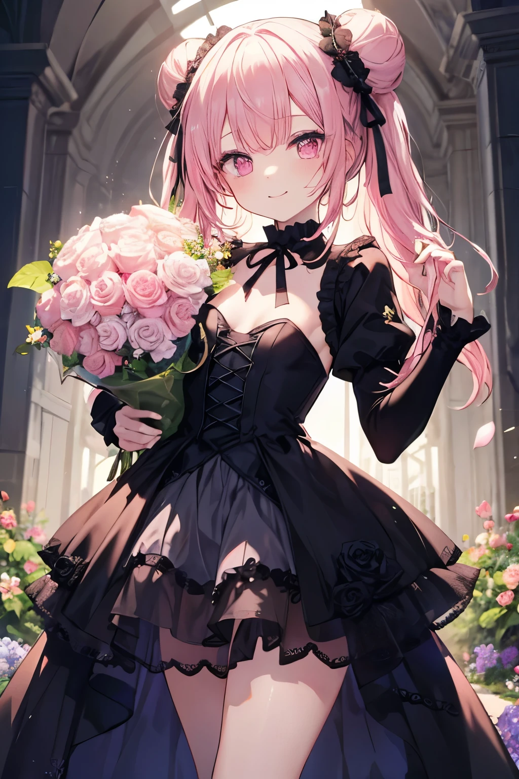 Pink Hair、Pink Eyes、girl、Small breasts、Bun Hair、girl、Small breasts、ta、Bright smile、Looks about 15 yan Musume、Short、目のhighlight、Sexy thighs、Flower Garden、color々The flowers are still blooming、bouquet、Rose Gothic Lolita Dress Cos、Your eyes are so beautiful、highlight