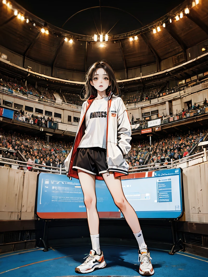 stadium，a girl，long brown hair，************，sports jacket，sports Shorts，Bare legs，The legs are very thin，slim，Medium chest，White socks，sports shoes，Standing，whole body