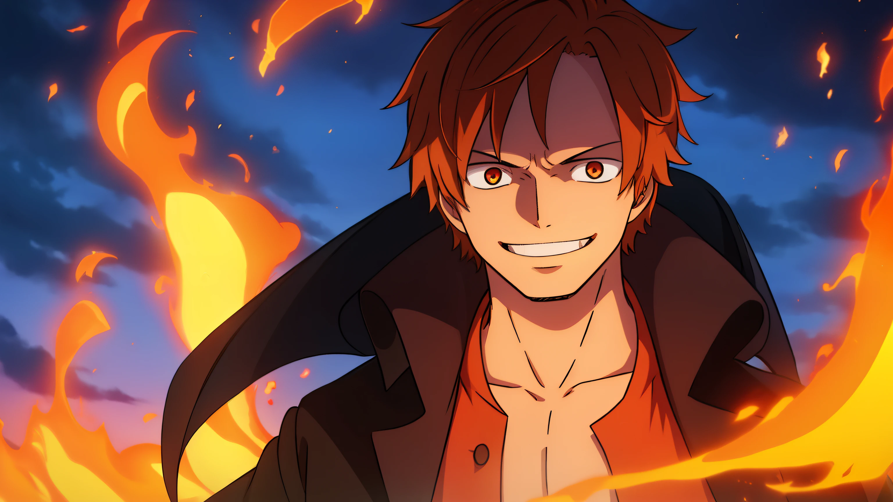 1boy, brown hair, smiling, solo, upper body, sky background, fire all around, black overcoat, black shirt, orange eyes, wanostyle
