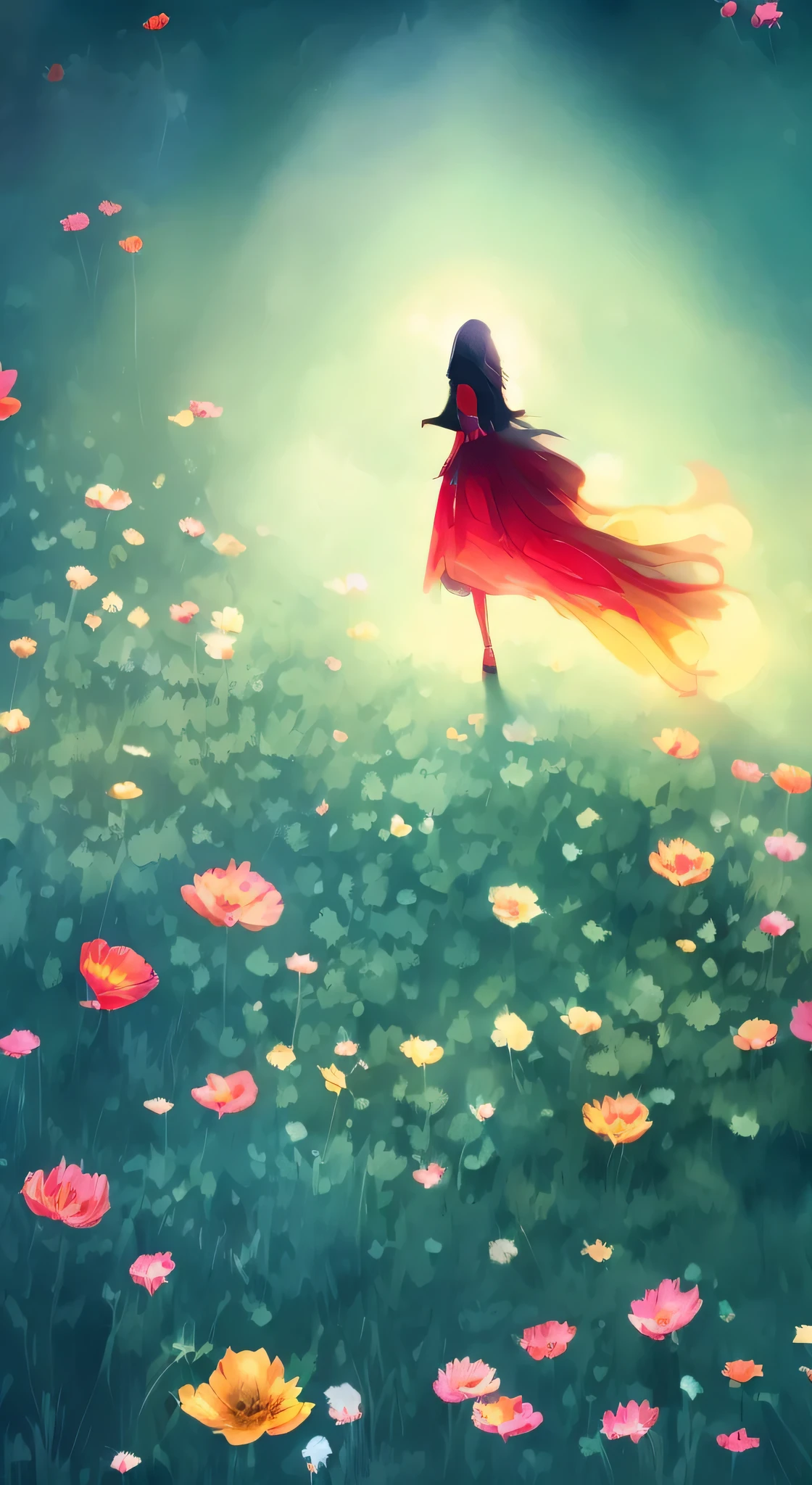 A woman in a red dress is walking through a field of flowers, A beautiful artistic chalk illustration, Beautiful digital illustration, Girl walking in the flower field, Beautiful Numbers Artwork, Beautiful Numbers, Inspired by Jakub Skaneder, Very beautiful digital art, Fantasy illustrations, Cyril Rolandor style, blurred and Fantasy illustrations, blurry and Fantasy illustrations