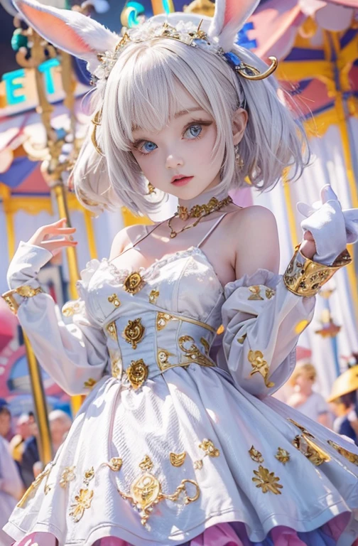 18-year-old, Wide-angle lens, A woman in stylish spring clothes、Woman enjoying merry-go-round at night,thin、Serious expression、Short-haired、Deadly position, Gorgeous Necklace, Light milky porcelain skin, Smooth, Translucent white skin, Enchanting anime girl, Beautiful and seductive anime woman, Super realistic sweet bunny ears girl, Pale porcelain white skin, Smooth, Realistic and perfect body, Anime Girl Cosplay, Perfect body with realistic shadows, Switzerland'masterpiece, There is a real white rabbit. Red eyes and blue eyes
