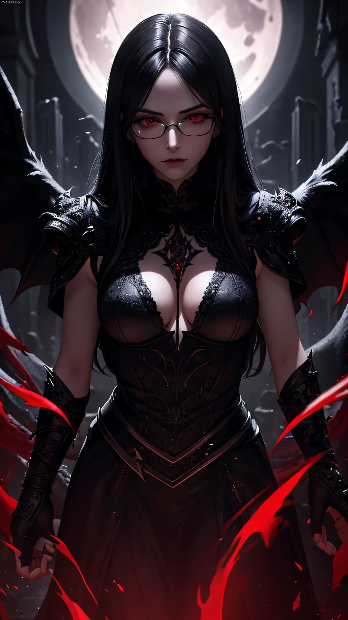 a dark angel, demon wings, adult male, glasses, black hair, sinister aura, demonic outfit, inside a castle, red full moon, detailed face, detailed eyes, detailed lips, highly detailed, photorealistic, 8k, masterpiece, dramatic lighting, dark fantasy, moody atmosphere, cinematic composition, chiaroscuro lighting