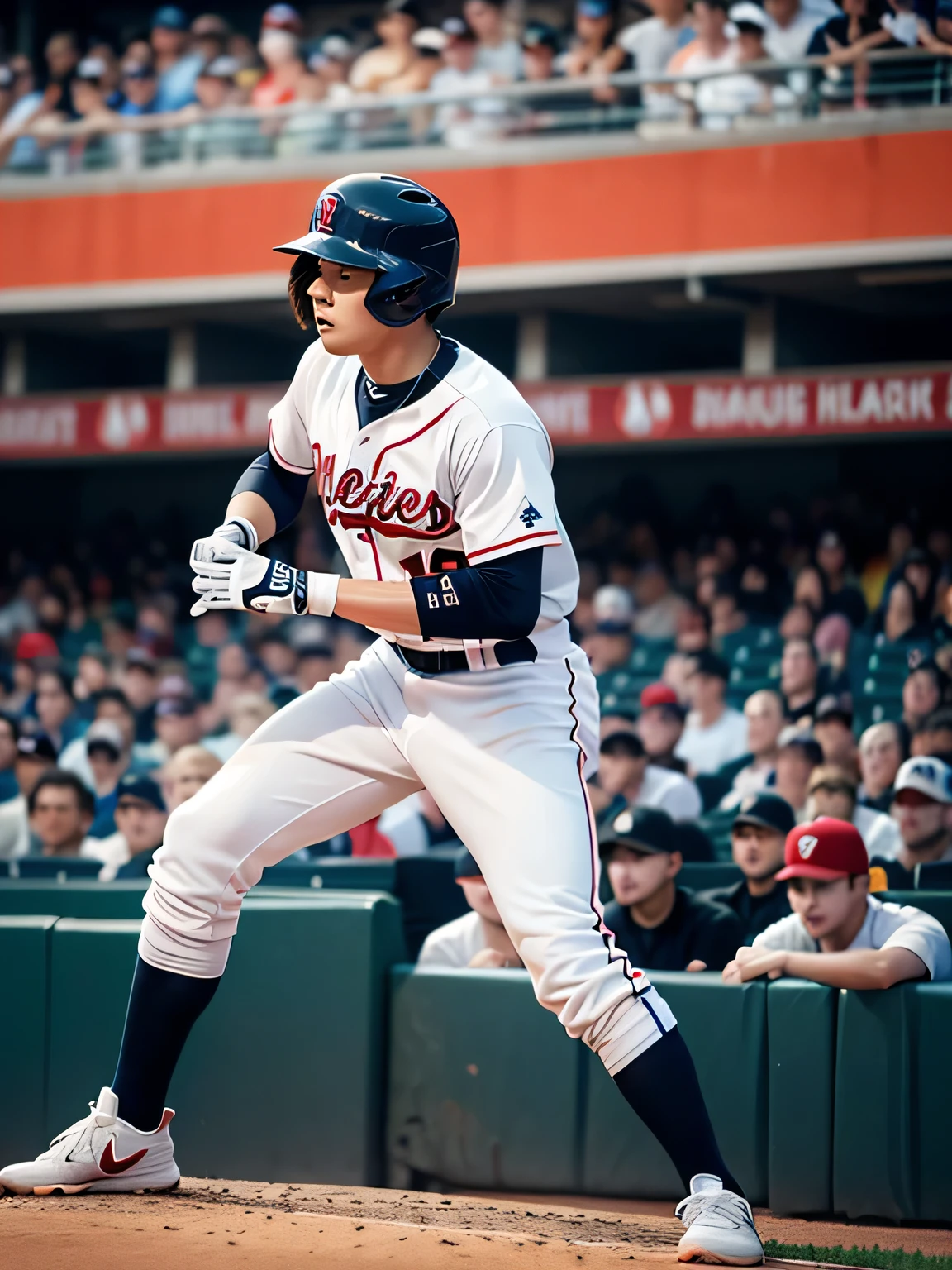 Generate a poster，The picture shows a young man playing baseball。The scene is set in a busy baseball stadium，it&#39;s clear。Man wearing red baseball uniform，Swinging the bat。The style requires realism，Bright colors，Vibrant and dynamic。