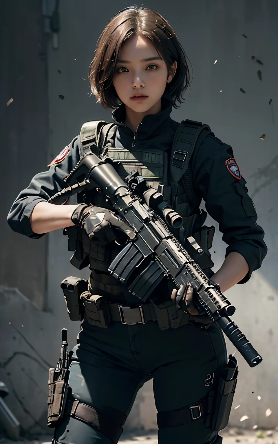 ((Best Quality, 8K, Masterpiece: 1.3)), ((best quality)), photorealistic, photorealism, Photorealistic, high resolution, 1girl aiming with an ak-47 assault rifle, Combat pose, looking at the camera, (Detailed face), short hair, (wearing red rubber suit, tactical vests, military harness, black gloves, high-tech headset), cloths color based on black dark blue), revealed thigh, Gun, Fingers are occluded, concrete wall background,