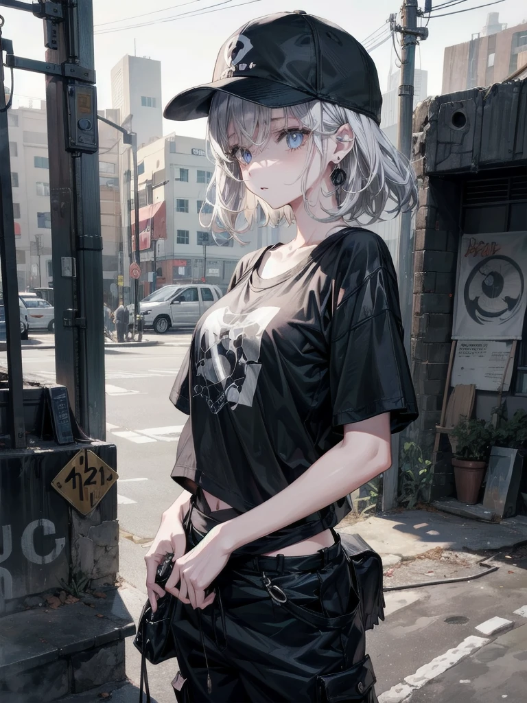 whole body, Anime character, stylish girl, fashion, baseball cap, black t-shirt, baggy cargo pants, gravure, absurdres, RAW photo, extremely delicate and beautiful, masterpiece, Best Quality, ultra high resolution, 32k, hyperrealistic, ultra-detailed, perfect figure, perfect shape, detailed description, pale skin, 20 years old, detailed beautiful face and eyes, tearful mole, earring, short medium hair, wavy hair,
