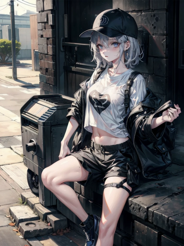 whole body, Anime character, stylish girl, fashion, baseball cap, black t-shirt, baggy cargo pants, gravure, absurdres, RAW photo, extremely delicate and beautiful, masterpiece, Best Quality, ultra high resolution, 32k, hyperrealistic, ultra-detailed, perfect figure, perfect shape, detailed description, pale skin, 20 years old, detailed beautiful face and eyes, tearful mole, earring, short medium hair, wavy hair,