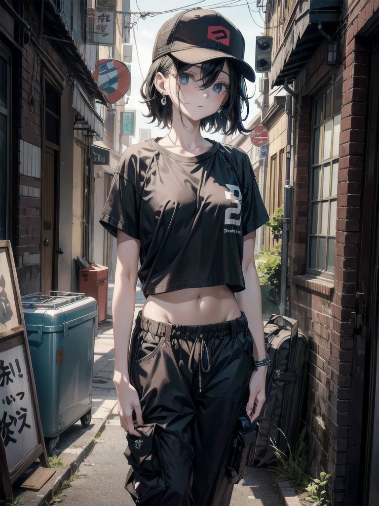 whole body, Anime character, stylish girl, fashion, baseball cap, black t-shirt, baggy cargo pants, gravure, absurdres, RAW photo, extremely delicate and beautiful, masterpiece, Best Quality, ultra high resolution, 32k, hyperrealistic, ultra-detailed, perfect figure, perfect shape, detailed description, pale skin, 20 years old, detailed beautiful face and eyes, tearful mole, earring, short medium hair, wavy hair,