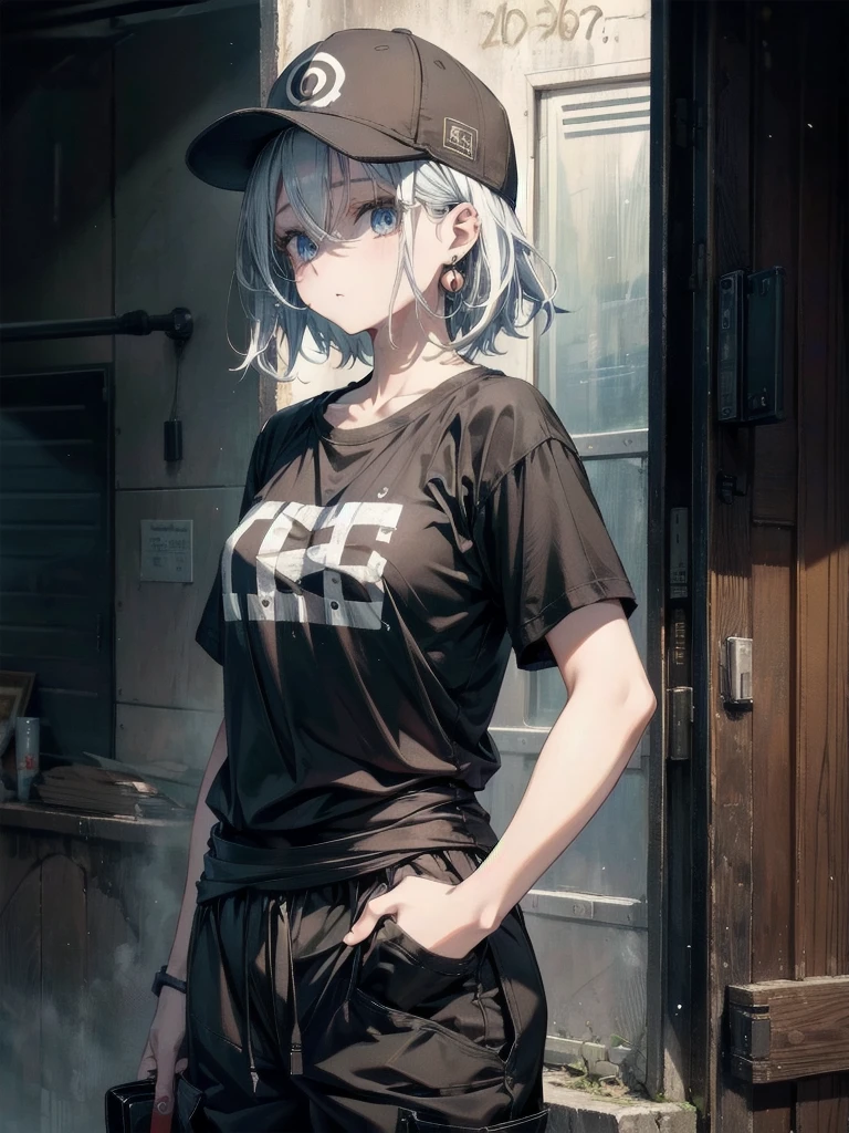 whole body, Anime character, stylish girl, fashion, baseball cap, black t-shirt, baggy cargo pants, gravure, absurdres, RAW photo, extremely delicate and beautiful, masterpiece, Best Quality, ultra high resolution, 32k, hyperrealistic, ultra-detailed, perfect figure, perfect shape, detailed description, pale skin, 20 years old, detailed beautiful face and eyes, tearful mole, earring, short medium hair, wavy hair,