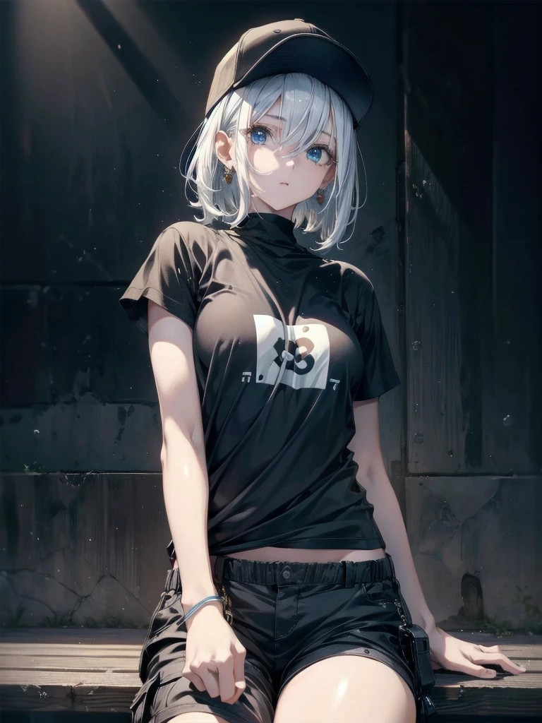 whole body, Anime character, stylish girl, fashion, baseball cap, black t-shirt, baggy cargo pants, gravure, absurdres, RAW photo, extremely delicate and beautiful, masterpiece, Best Quality, ultra high resolution, 32k, hyperrealistic, ultra-detailed, perfect figure, perfect shape, detailed description, pale skin, 20 years old, detailed beautiful face and eyes, tearful mole, earring, short medium hair, wavy hair,