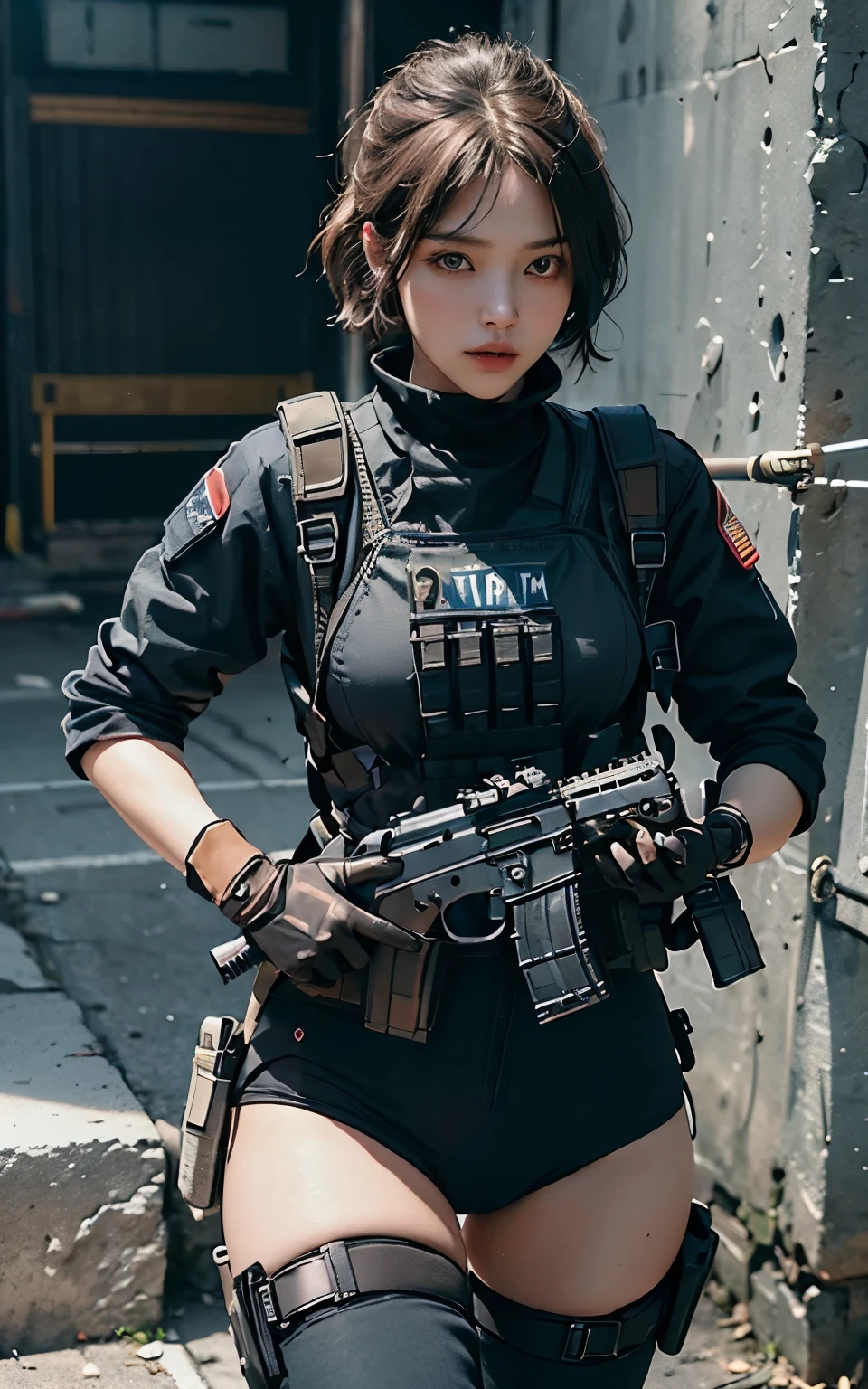 ((Best Quality, 8K, Masterpiece: 1.3)), ((best quality)), photorealistic, photorealism, Photorealistic, high resolution, 1girl aiming with an assaurifle, Combat pose, looking at the camera, (Detailed face), short hair, (wearing red rubber suit, tactical vests, military harness, black gloves, high-tech headset), cloths color based on black dark blue), revealed thigh, Gun, Fingers are occluded, concrete wall background,