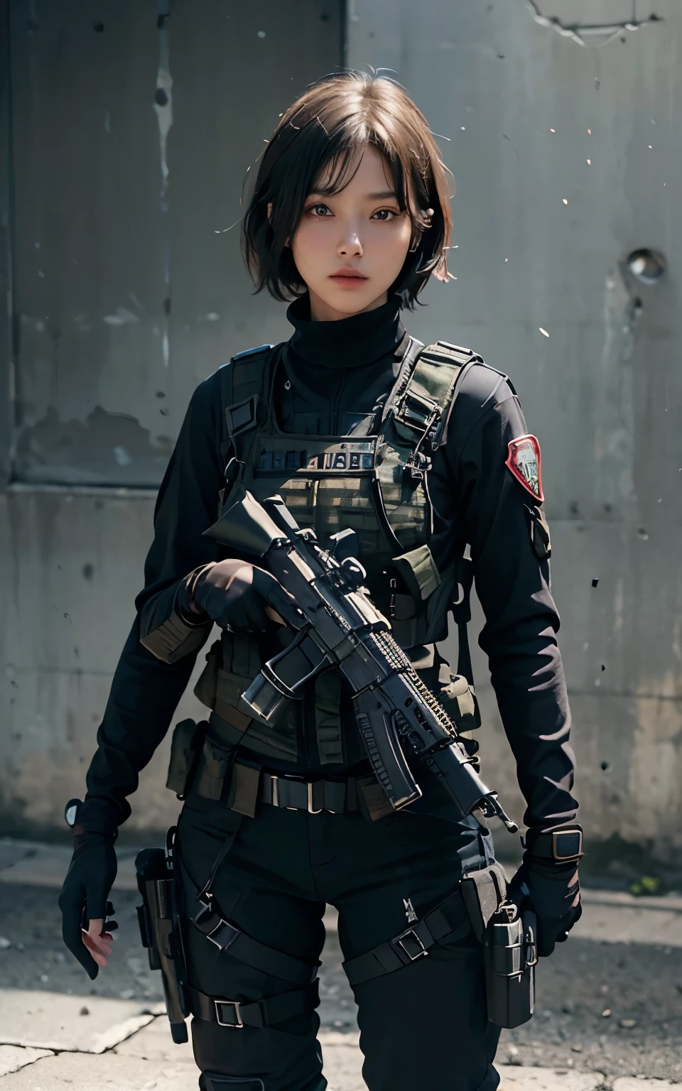 ((Best Quality, 8K, Masterpiece: 1.3)), ((best quality)), photorealistic, photorealism, Photorealistic, high resolution, 1girl aiming with an ak-47 assault rifle, Combat pose, looking at the camera, (Detailed face), short hair, (wearing red rubber suit, tactical vests, military harness, black gloves, high-tech headset), cloths color based on black dark blue), revealed thigh, Gun, Fingers are occluded, concrete wall background,