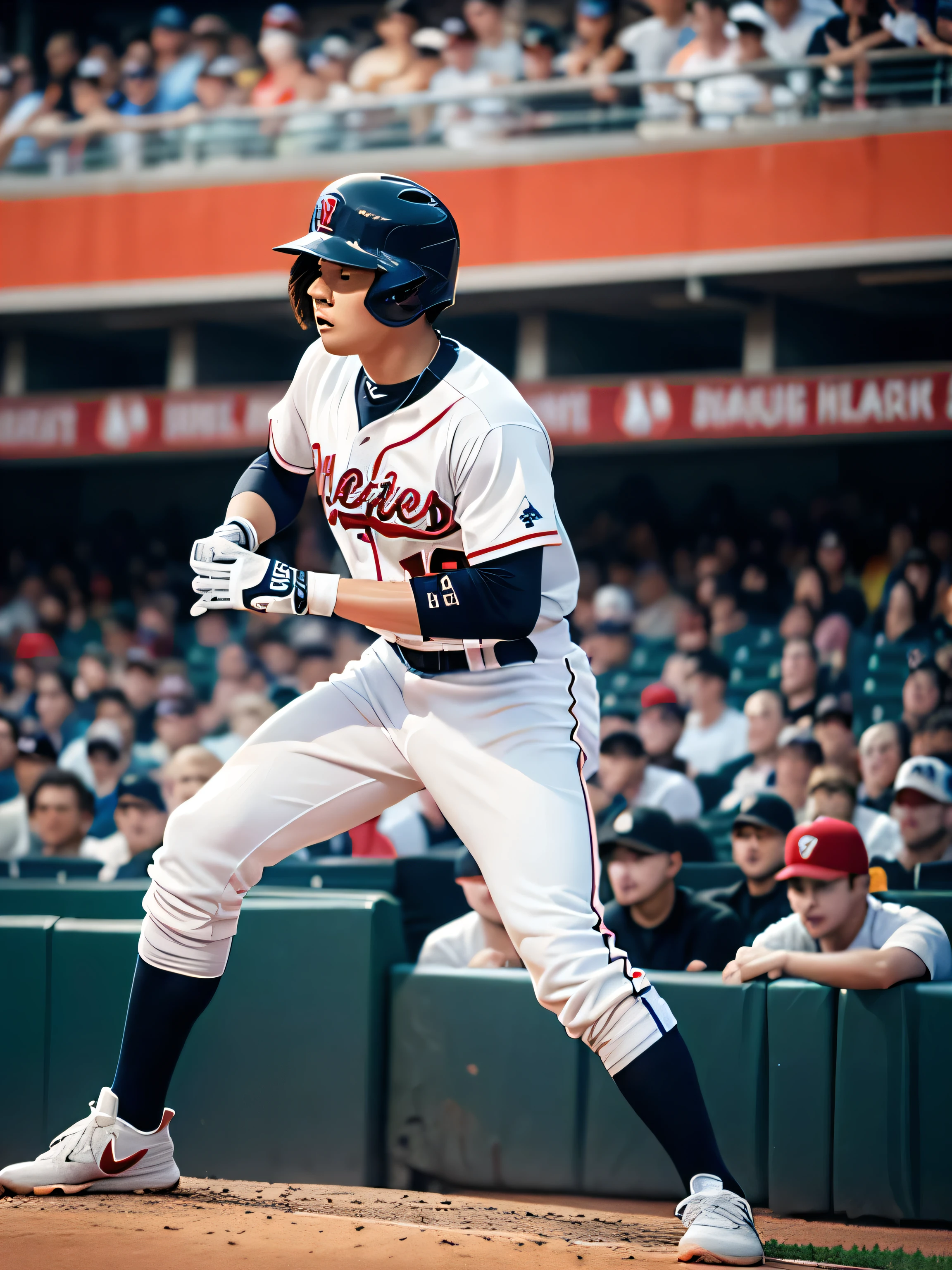 Generate a poster,The picture shows a young man playing baseball。The scene is set in a busy baseball stadium,it's clear。Man wearing red baseball uniform,Swinging the bat。The style requires realism,Bright colors,Vibrant and dynamic。
